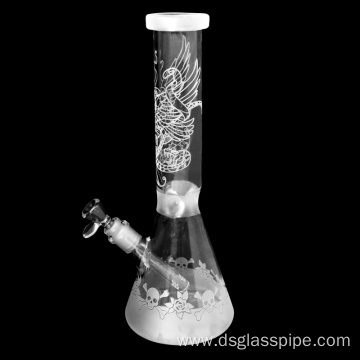 HIGH BOROSILICATE GLASS FLOWER AND SKULL PATTERN sandlasted glass smoking water pipe beaker shape glass bong